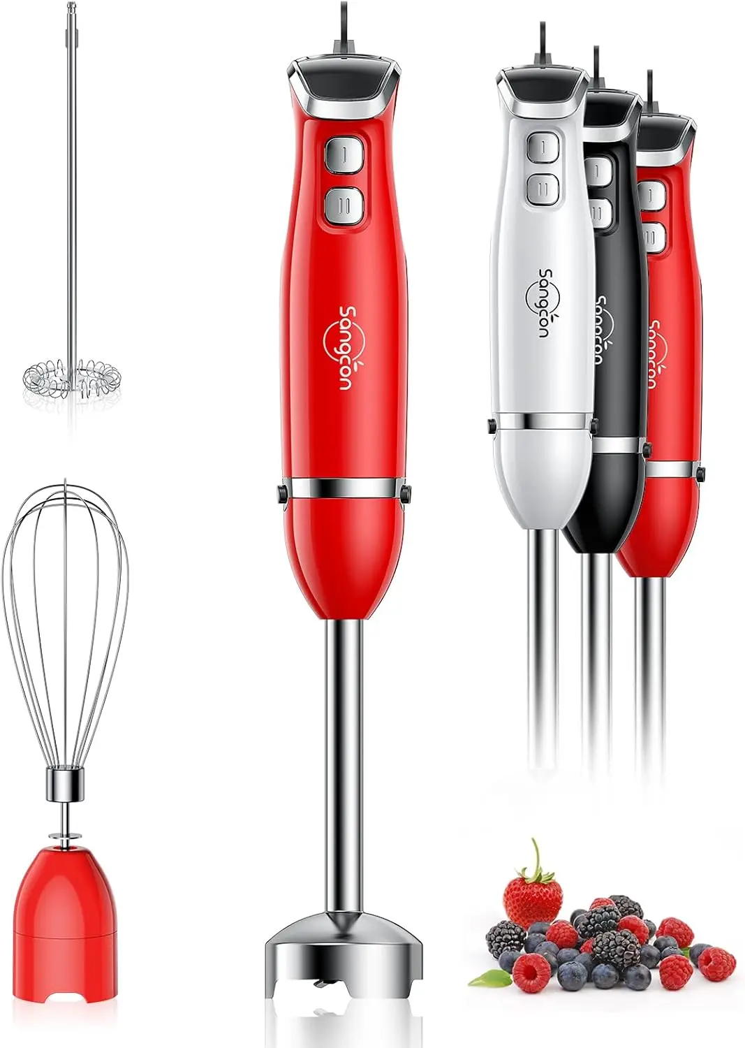 3-in-1 Handheld Immersion Blender, 400W Electric Stick with Whisk and Milk Frother Attachments in Red
