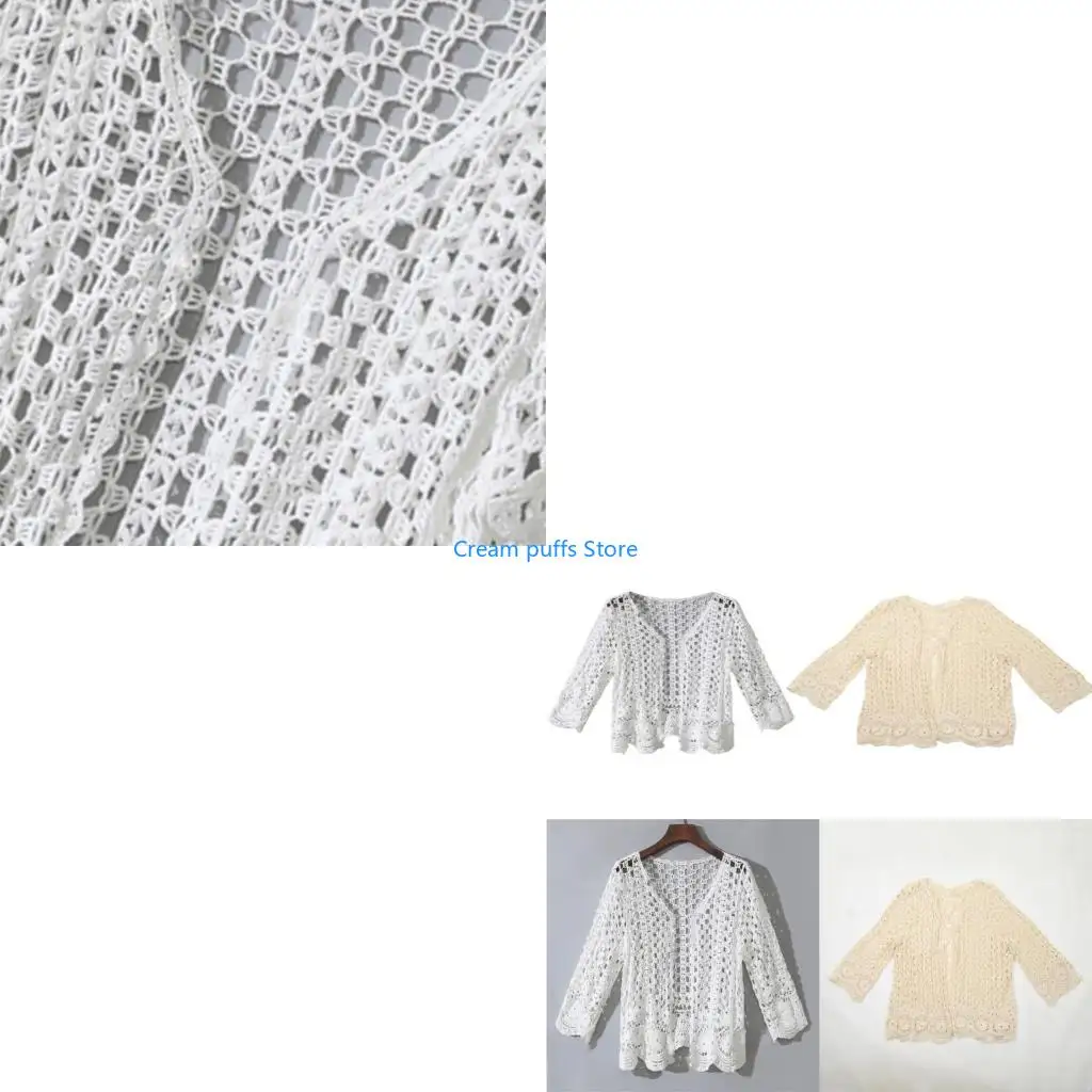 50LE Women Spring Long Sleeve Cardigan Hollow Out Crochet Knit Floral Sweater Cover Up Open Front Scalloped Hem Mesh Net Shrug
