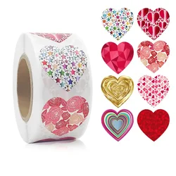 500 stuks/rol sprankelende glitter hartstickers - 1 inch schattige ontwerpen voor liefdeslabels, hartviltdecoraties op enveloppen, cadeau