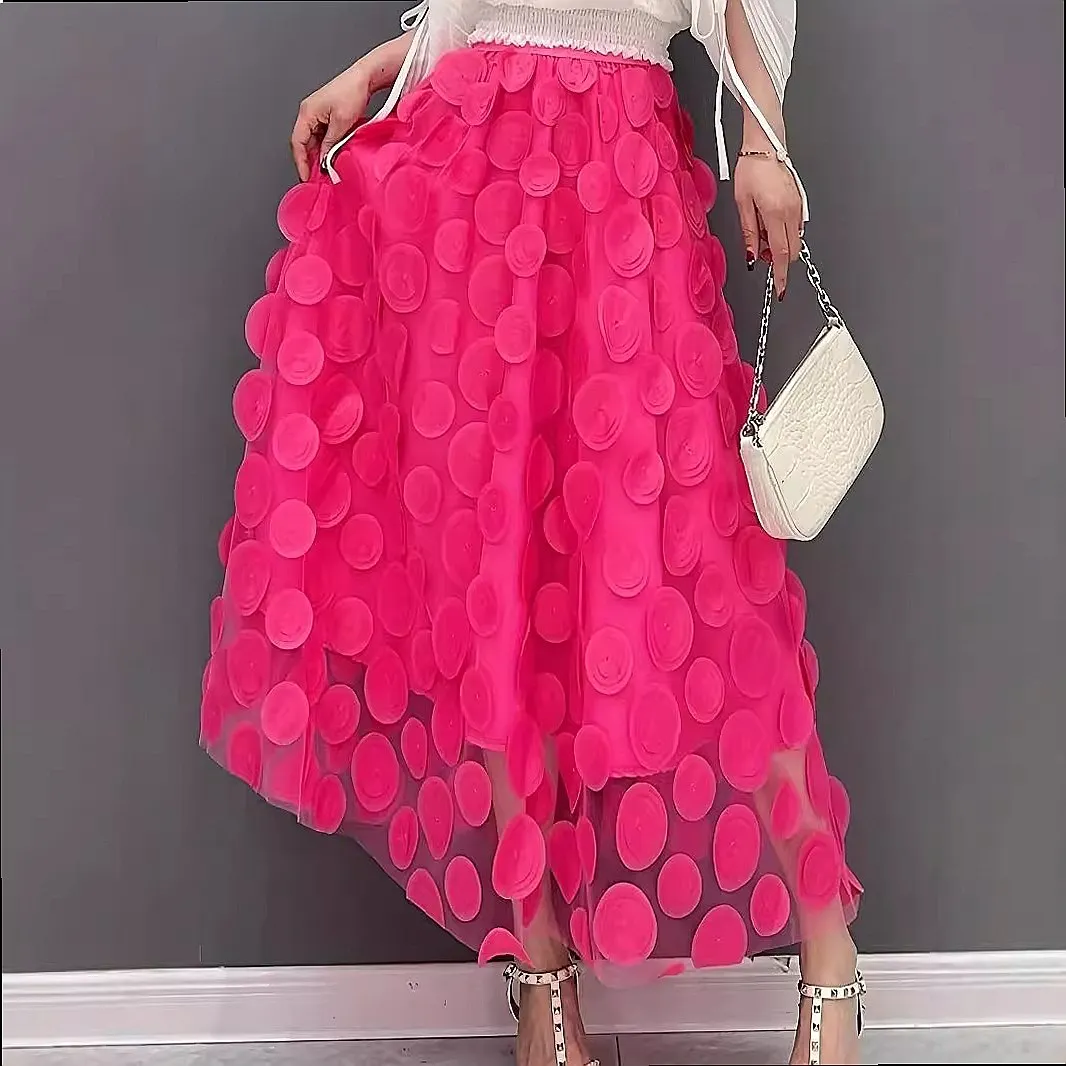 Women's Mesh Midi Skirt with Patchwork Decor, Tiered Layered Skirt with Lining, Spring Summer Flowy Maxi Skirts for Women