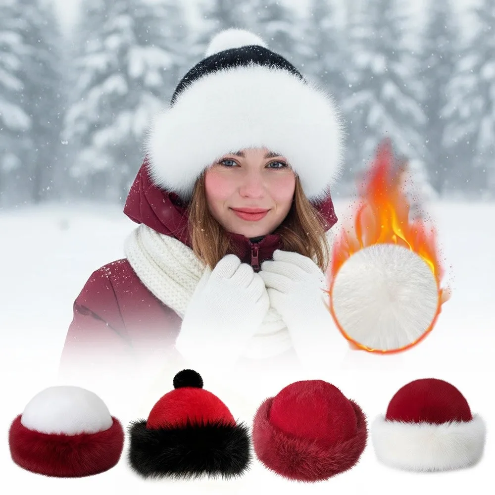

New Fluffy Fur Winter Hat Red Panama Cap Cold Windproof Thicken Bucket Hat for Women Girls