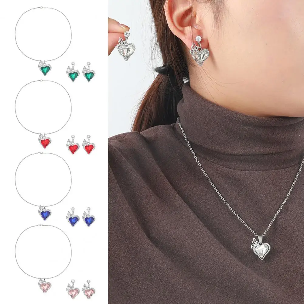 

Rhinestone Necklace Earrings Love Heart Jewelry Set for Women Rhinestone Faux Gem Necklace Earrings Bridal Pendant for Wedding