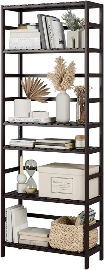 

FOTOSOK 6-Tier Bamboo Shelf Bamboo Bookcase with Adjustable Shelves Free Standing Storage Shelf Unit Plant Flower Stand
