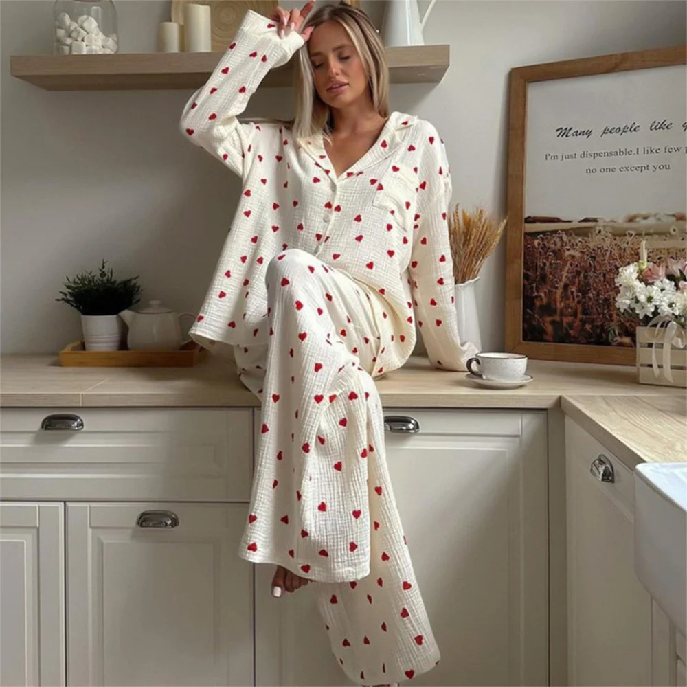 Summer New 100% Cotton Pyjama Set Love Heart Print Long Sleeve Set 2Pcs Outfit Lapel Sleepwear Button Down Women's Pajamas