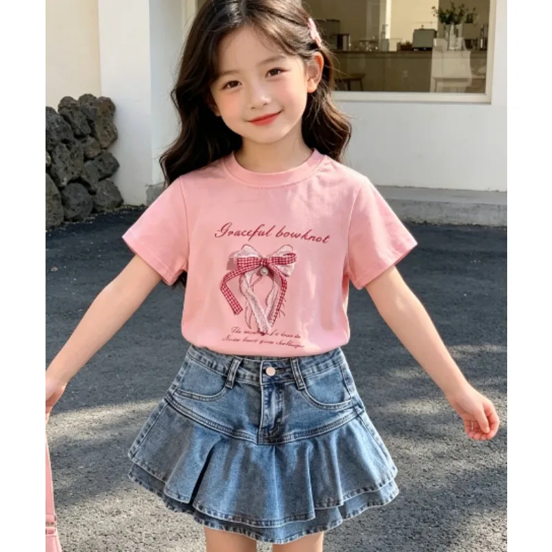 2026 new girls' set Korean three-dimensional bow short sleeved T-shirt summer princess cotton top short skirt