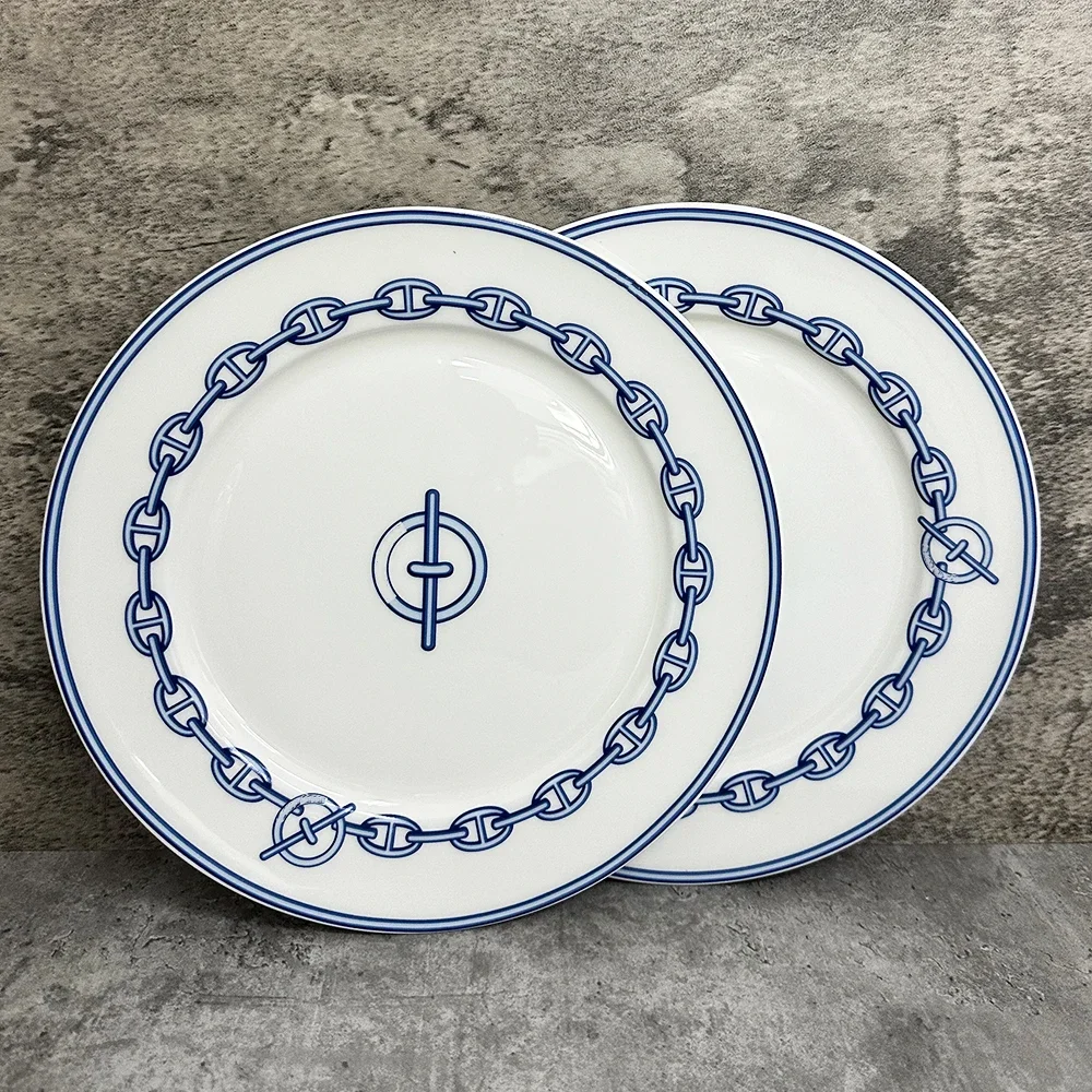 

Chain Design Ceramic Dinner Set Inlay Porcelain Dessert Plate Steak Snack Cake Dish Round Dinnerware Household