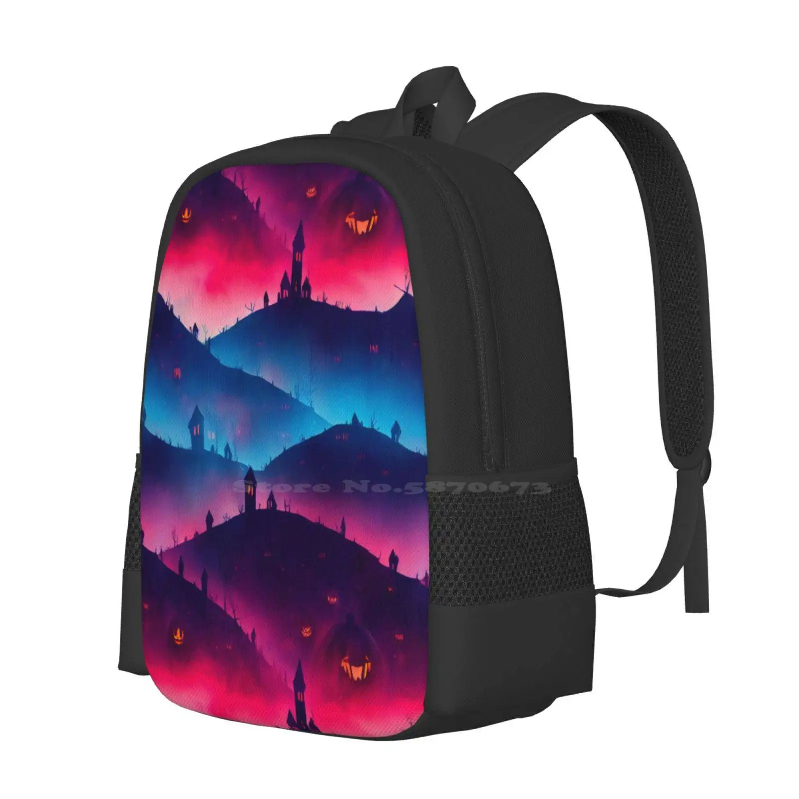 Fantasy Halloween Land 3D Print Design Backpack Student Bag Fantasy Halloween Land Pattern Repeating Endless Tile Seamless