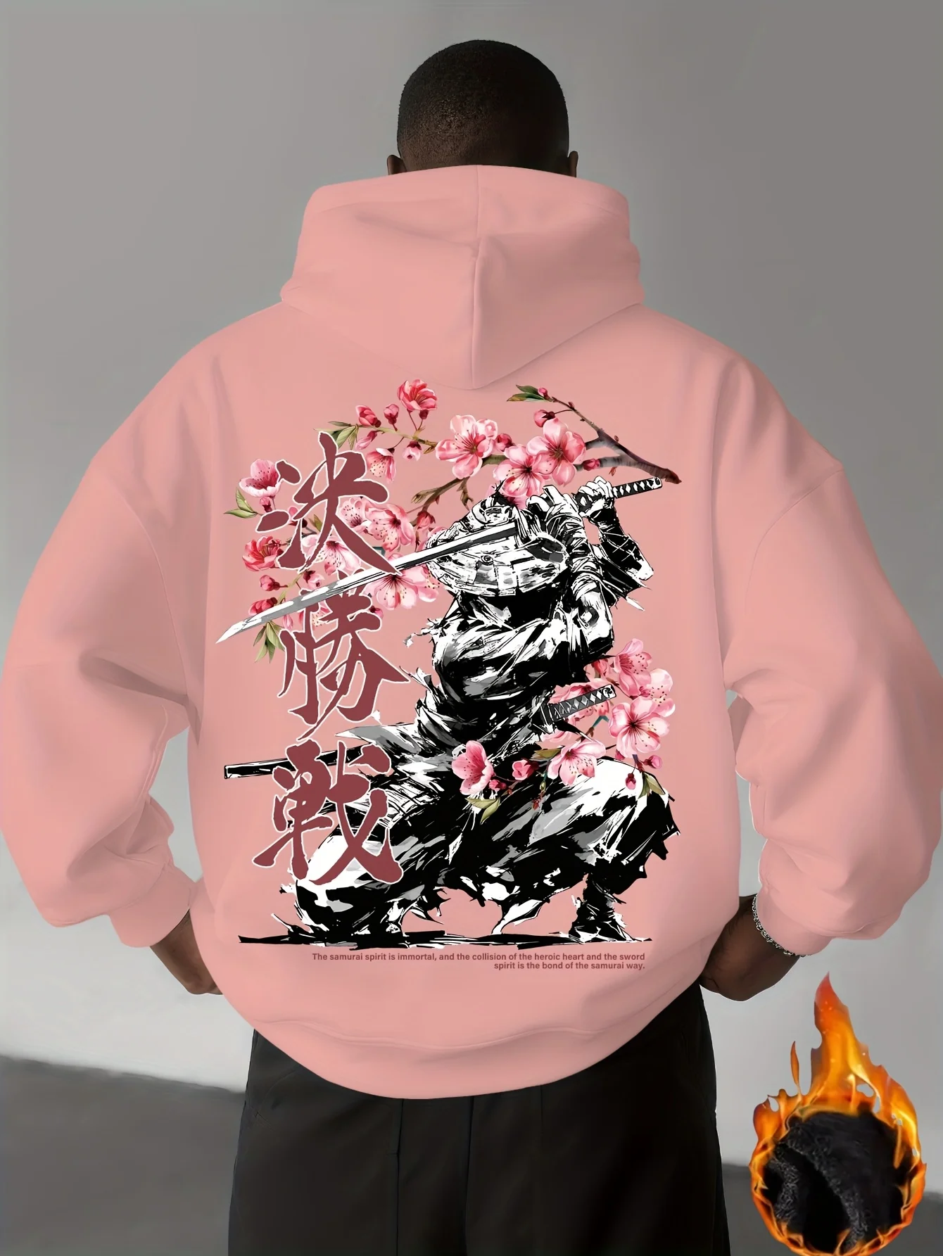 Retro ink wash samurai battle cherry blossom Japanese letter print men's hoodie thick fleece sweatshirt winter coat