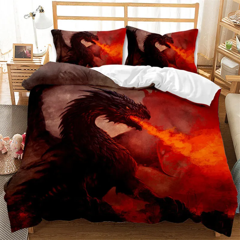 Ancient Wild Animal Bedding Set Flying Dragon Duvet Cover Microfiber Gothic Theme Monster Comforter Cover For Children Boys Teen