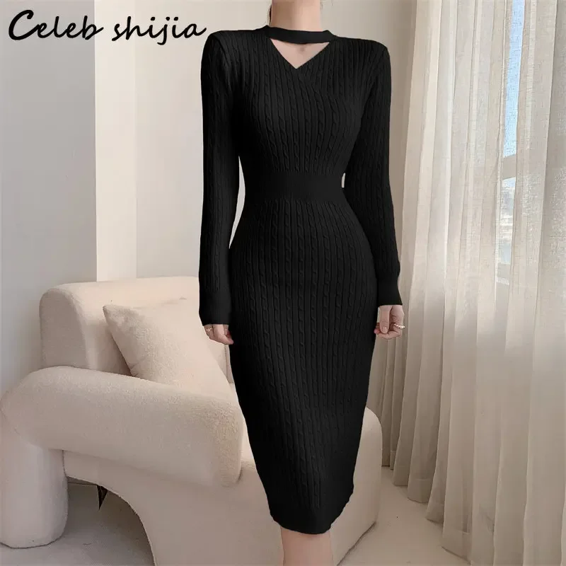 Black Knitted Dress Women Streetwear Winter Hollow Out Elegant Sheath Knitwear Female V Neck Correct Knit Vestido Autumn