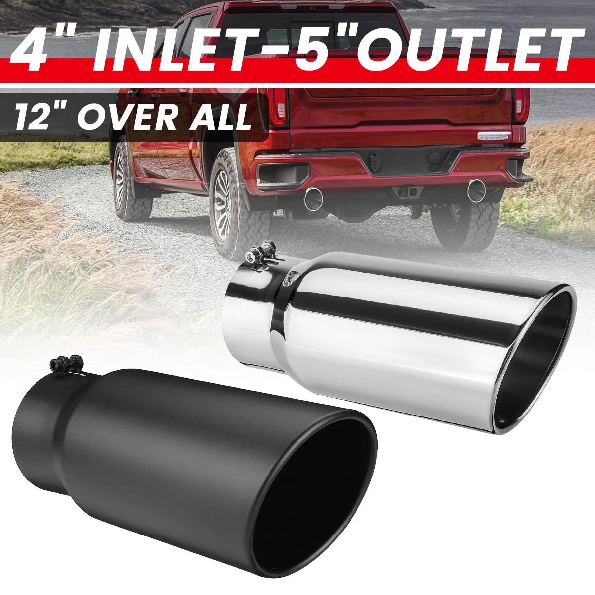 Universal Car Straight Exhaust Tail Throat 4 Inch Inlet 5 Inch Outlet Exhaust Tip 12 Inch Length Tailpipe Anti-Corrosive