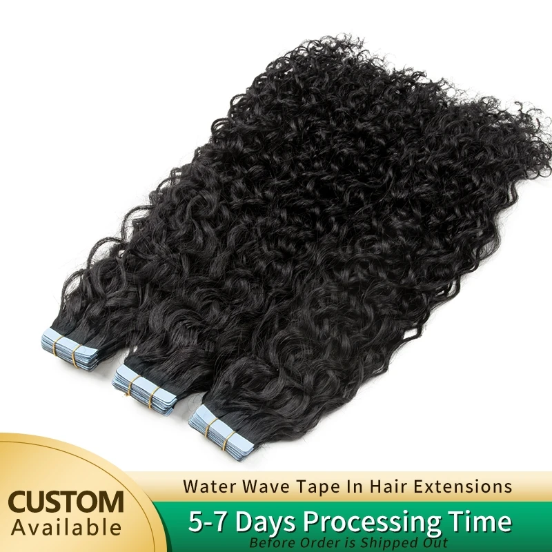 Water Wave Tape in Hair Extensions Cuticle Remy Human Hair Curly Skin Weft Tape on Hair Pieces 20pcs/pack 12-24inches Tape Ins