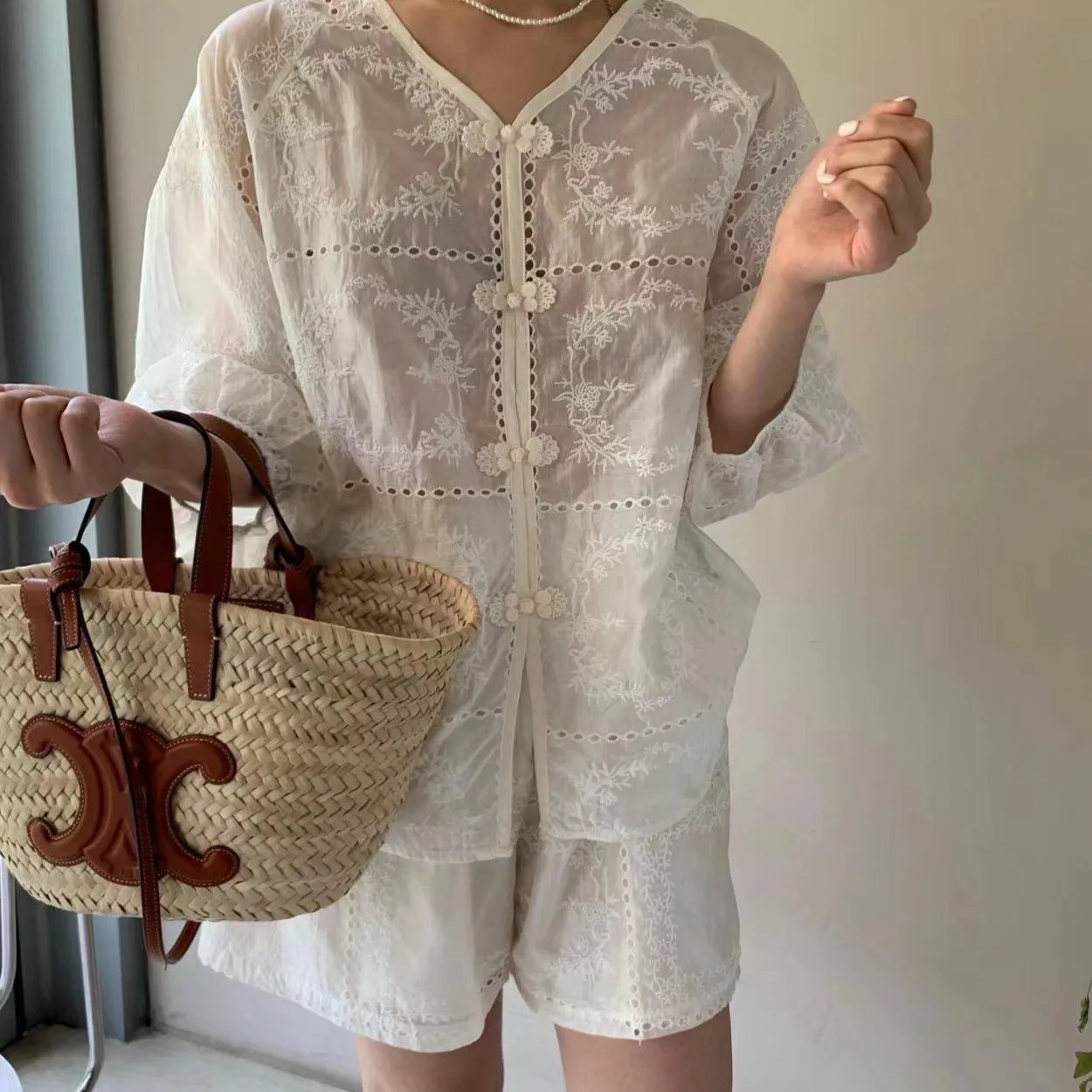 Nimo Home Chinese Style Embroidered Button Short Sleeve Cardigan Shorts with  Women's Fashion Set Summer Collection