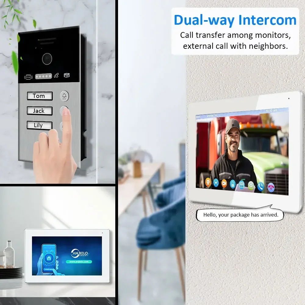 Tuya Smart Doorbell Video Intercom, impressão digital, cartão IC desbloqueio, prédio de apartamentos, tela sensível ao toque, Wi-Fi, 3 famílias, 7 ", 10"