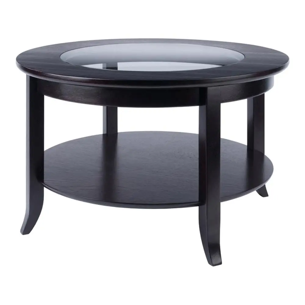 Round Solid Wood Coffee Table Glass Top Espresso 30in Diameter Flared Legs Lower Shelf Living Room Accent, Customized