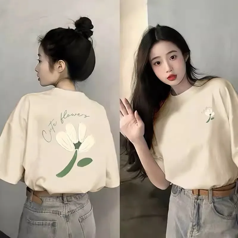 Heavyweight Pure Cotton Summer Short Sleeves T-shirt Printed Loose Niche College Style Youth All-Match Top