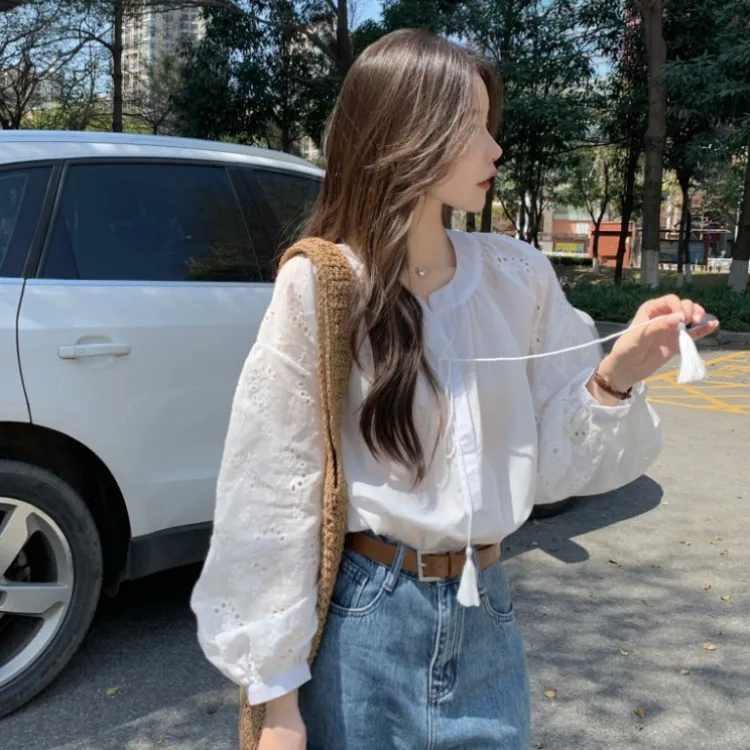 

Свободная женская белая блузка с кружевной вышивкой, универсальный нежный стиль, длинный рукав, круглый вырез, ткань из смесового полиэстера и хлопка