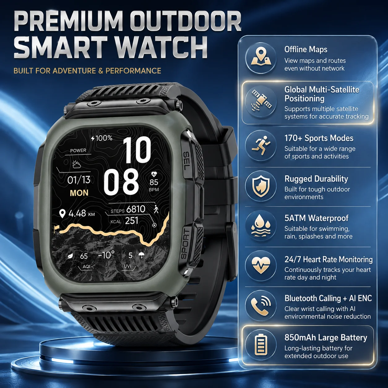 New Smartwatch 2.13AMOLED HD Display Offline Map Download 170+sport Mode 10ATM Waterproof Heart Rate Monit Bluetooth Smartwatch