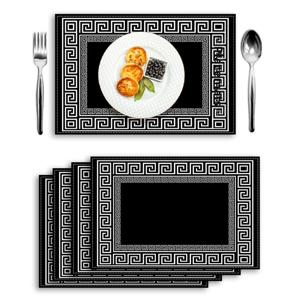 Minimalist Black White Chinese Pattern Linen Placemats Set Of 4 45x30cm Scratch Resistant Heat Protection For Dining Table Home