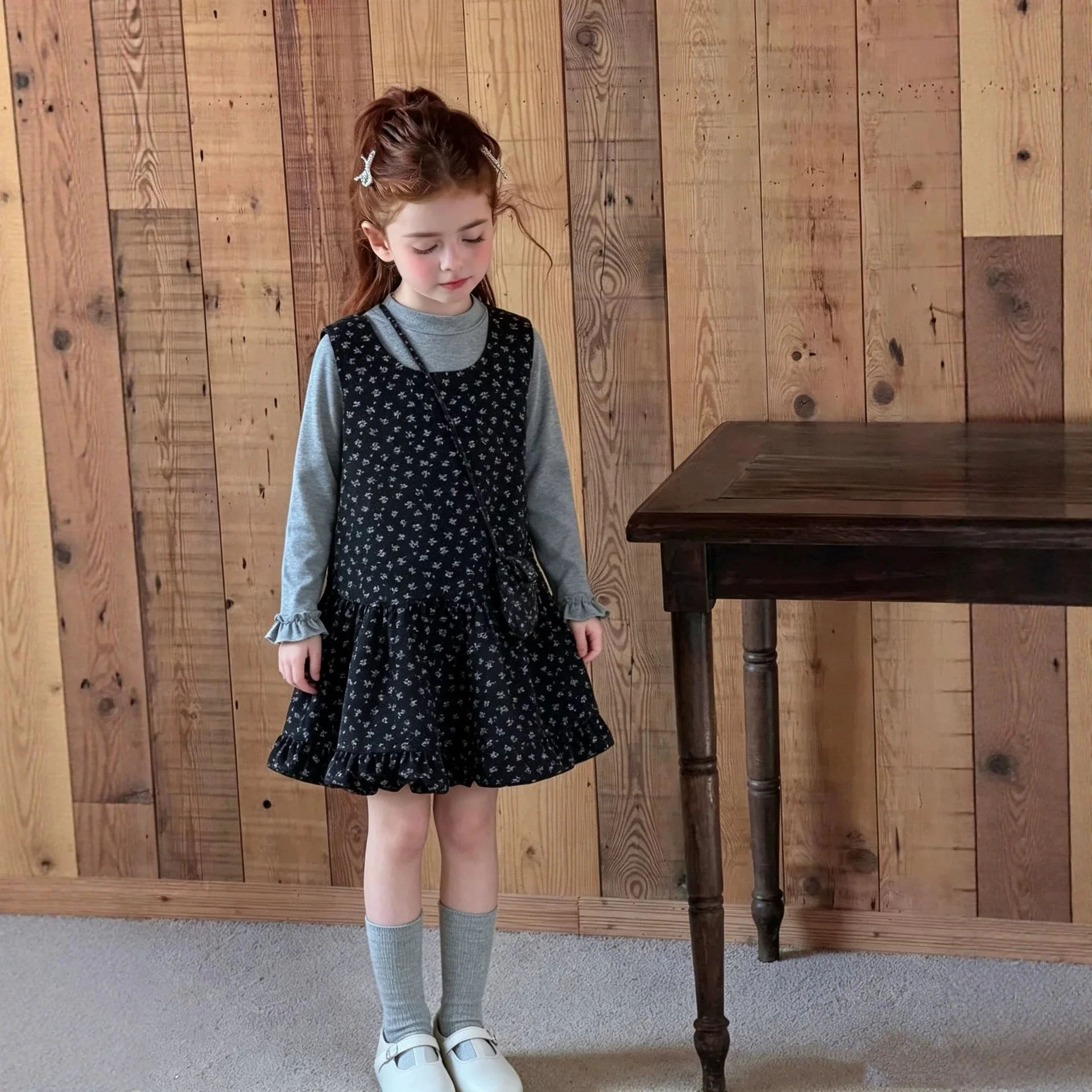 Korean Girls' Floral Vest Dress Set Autumn Winter New Children's Long Sleeved Base Shirt Suspender Dress Two-piece Set