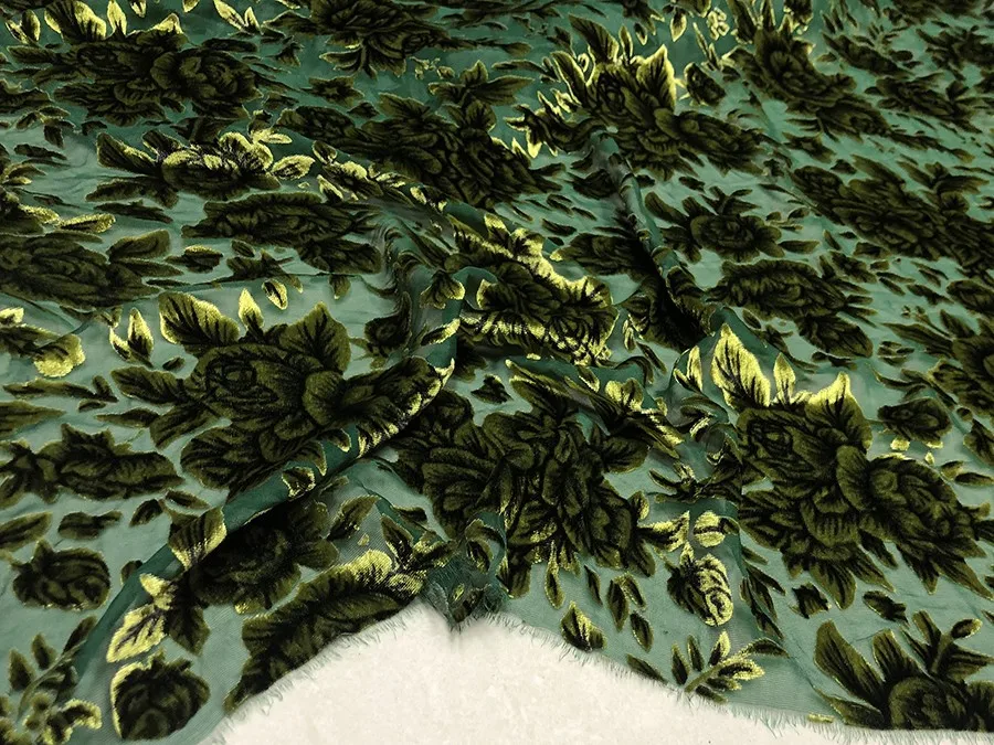 

High Quality Real Silk Velvet Fashion Autumn Fragrance Green Blue Purple Rose Etched-out Fabric Cheongsam Qipao Skirt Cloth