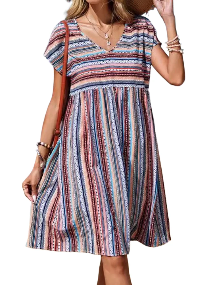 

Casual Beach Print Dress For Women Fashion V Neck Short Sleeve Loose Dresses Lady Boho Holiday Skirt Womens Clothing Summer New