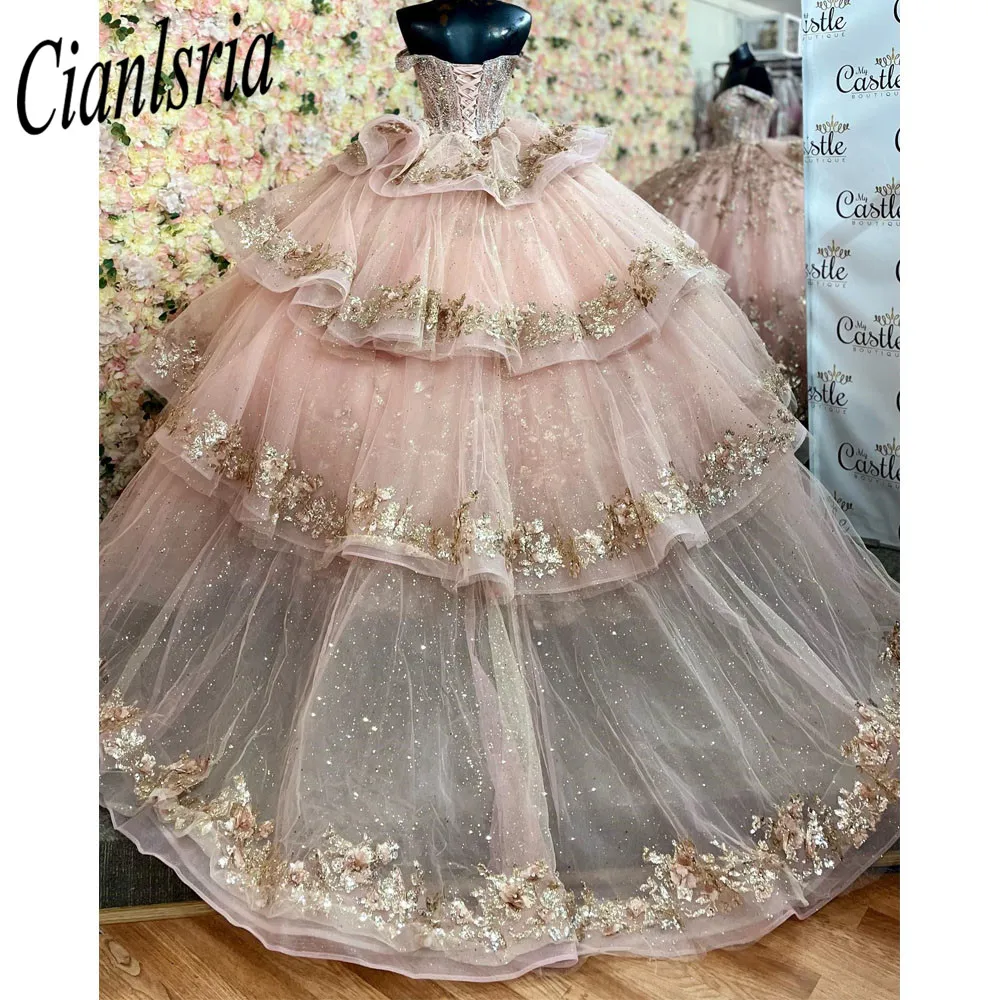 Princess Quinceanera Dresses Birthday Party Robe  Short Sleeve Beaded Sparkly Lace-up Corset Puffy Skirt vesridos de