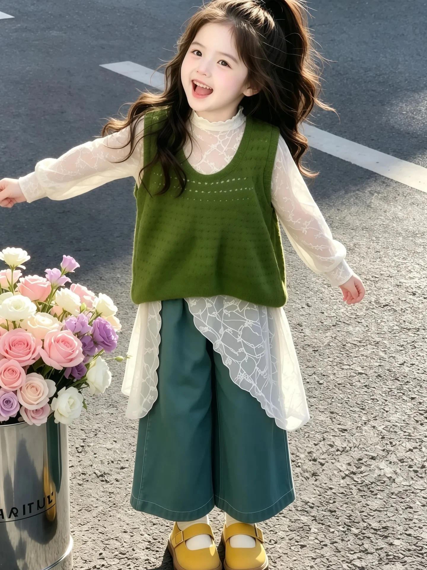 high-quality-girls-casual-lace-top-green-vest-and-pants-set-children's-wear-cotton-polyester-blend-four-seasons-suitable