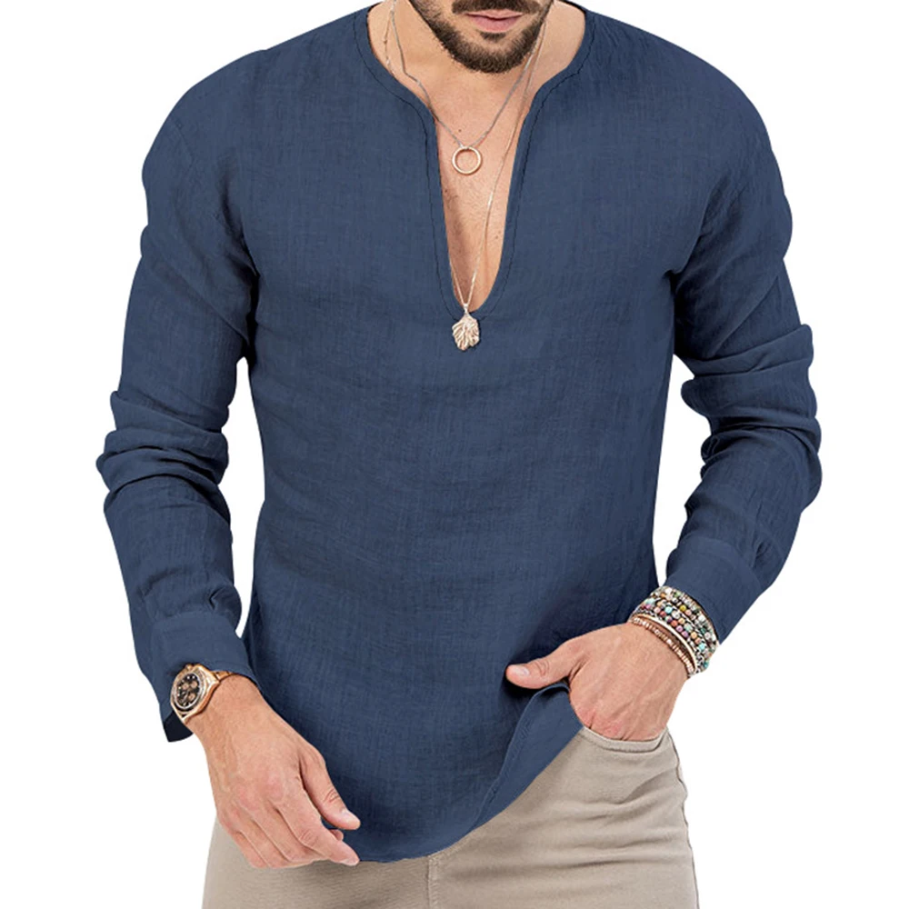 Men\'s Cotton And Linen T-Shirts 2023 Autumn Loose Comfortable Casual Simple Large Size Deep V-Neck Solid Long-Sleeve T-Shirt