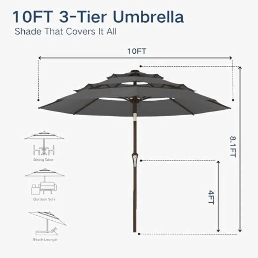 10Feet Patio Umbrella 3 Tiers Outdoor Market Umbrella w/Push Button Tilt, Crank, UV and Waterproof Table Umbrella for Garden, P