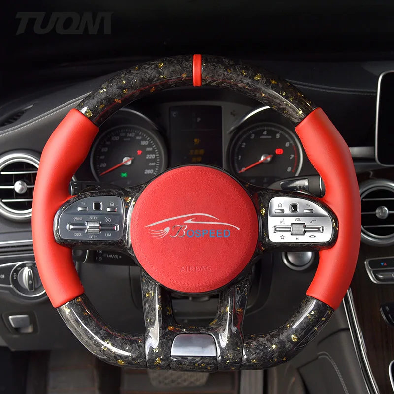 For Mercedes Benz Amg A45 C63 C43 W205 W204 A/B/C/S Class Car Steering Wheel Custom Forged Carbon Fiber Red Smooth Leather LED