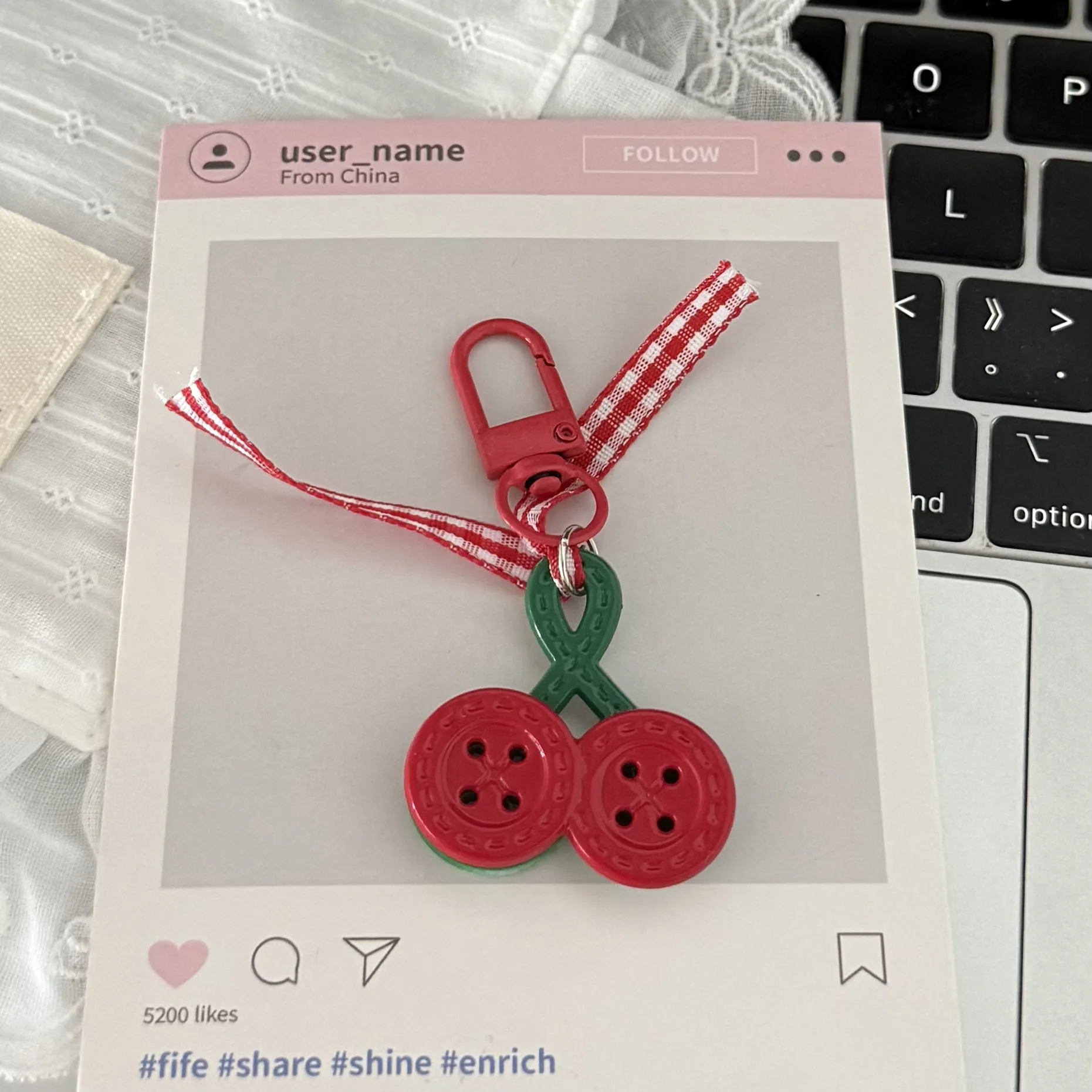 Keychain Cream Cherry Ribbon Bag Charm Cute Pendant for Schoolbag Handbag Travel Gift Lightweight Metal Fabric Red Color Sturdy