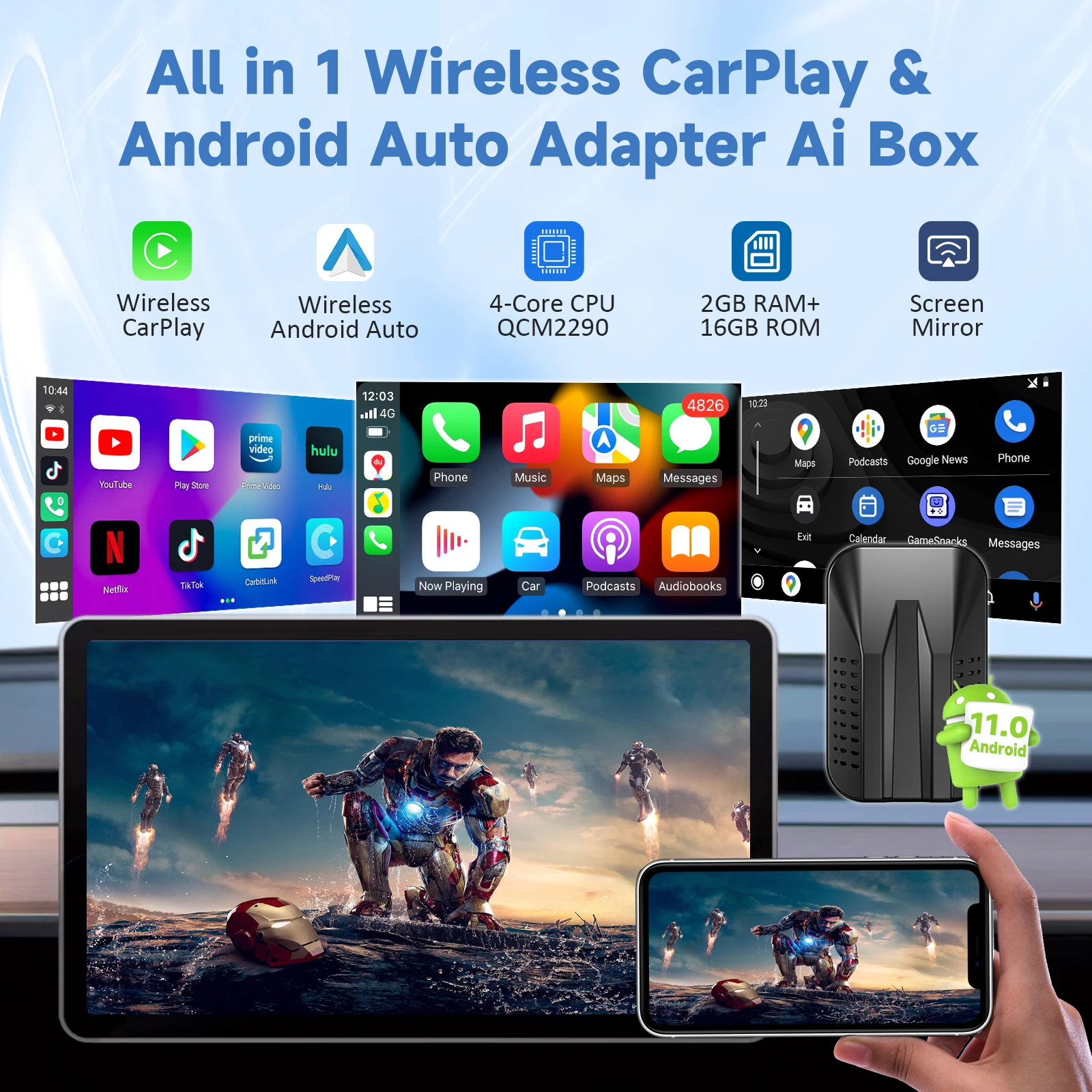 C9SE CarPlay Ai Box Wired To Wireless Connection 5 in1 Adapter Carplay&Android Auto&Mirror Projection With Netflix Youtub Tiktok