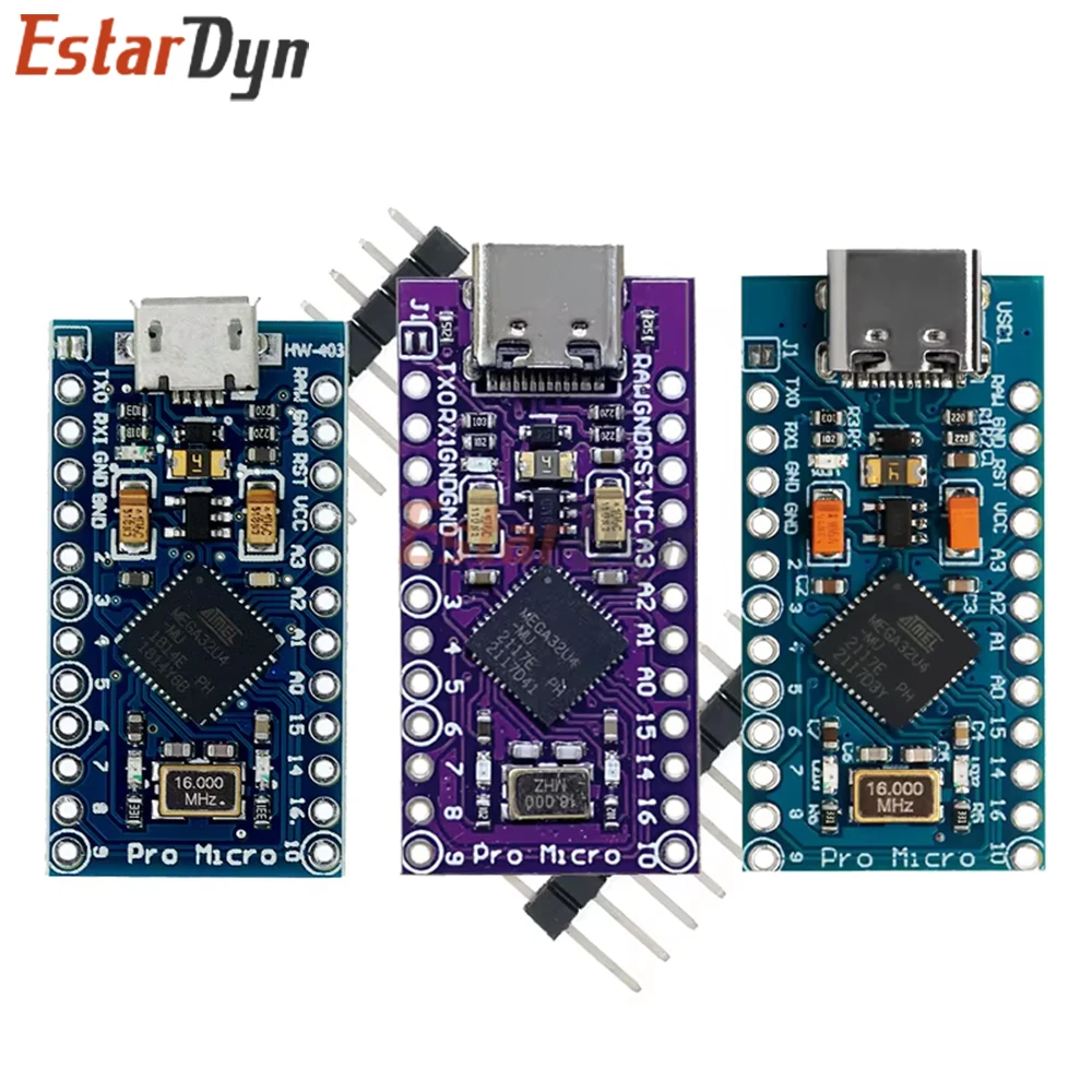 Estardyn ATMEGA32U4 Pro Micro Board, Micro/Mini/Type-C USB Optional, 5V 16MHz Native USB for