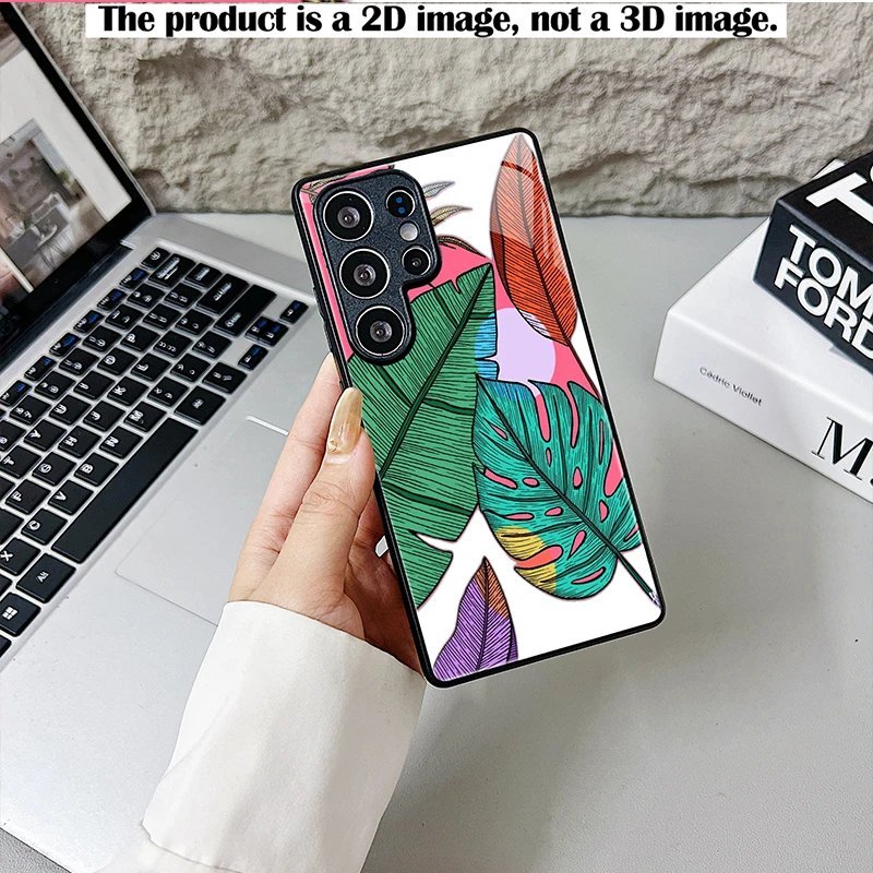 2D Printed Black Glass Phone Case, Colorful Tropical Leaves Illustration, Shockproof Cover for Samsung S & A Series