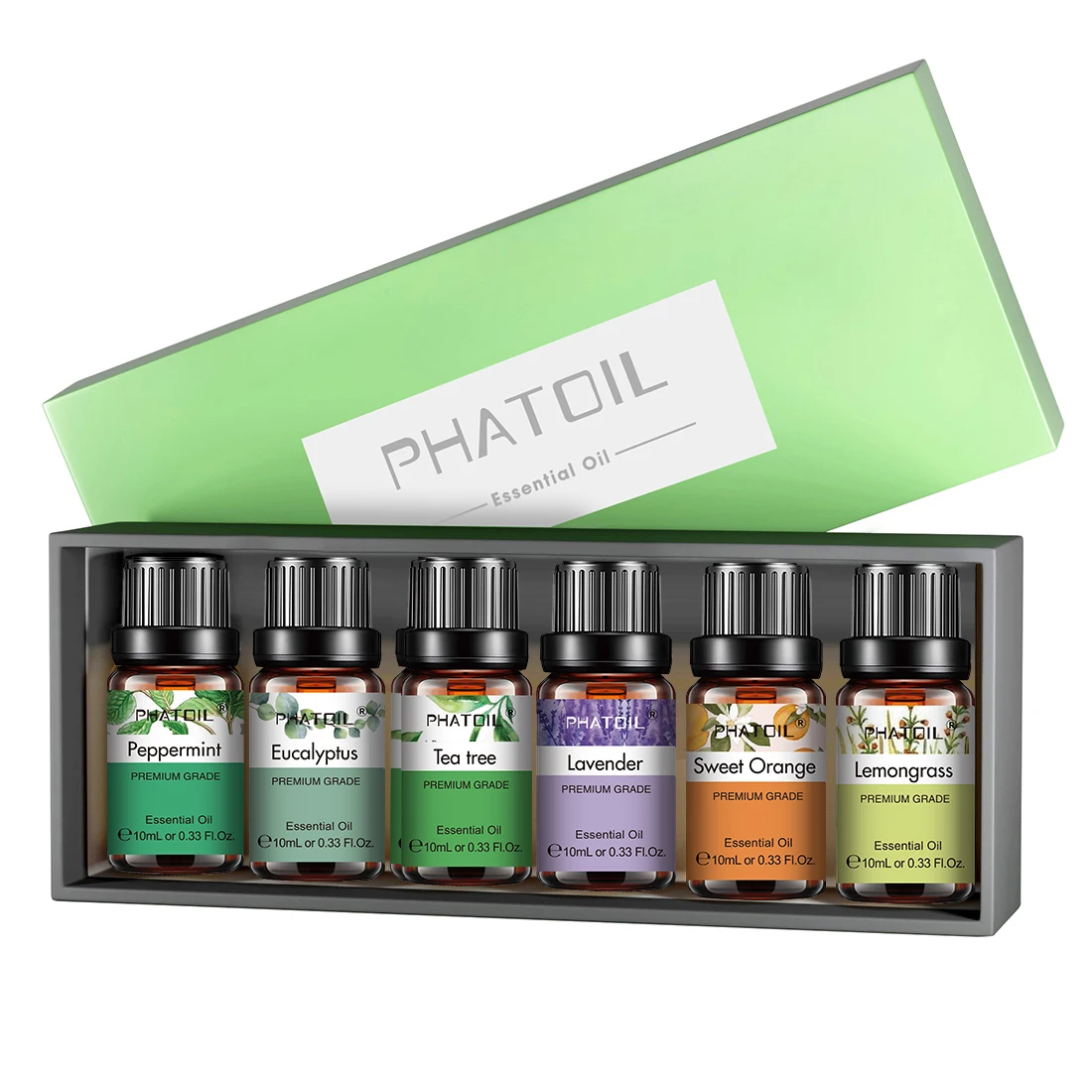 PHATOIL 6-teiliges ätherisches Öl-Set, 10 ml, reiner natürlicher Lavendel, Eukalyptus, Pfefferminze, Teebaum, Orangen-Zitronengras für Diffusorkerzen