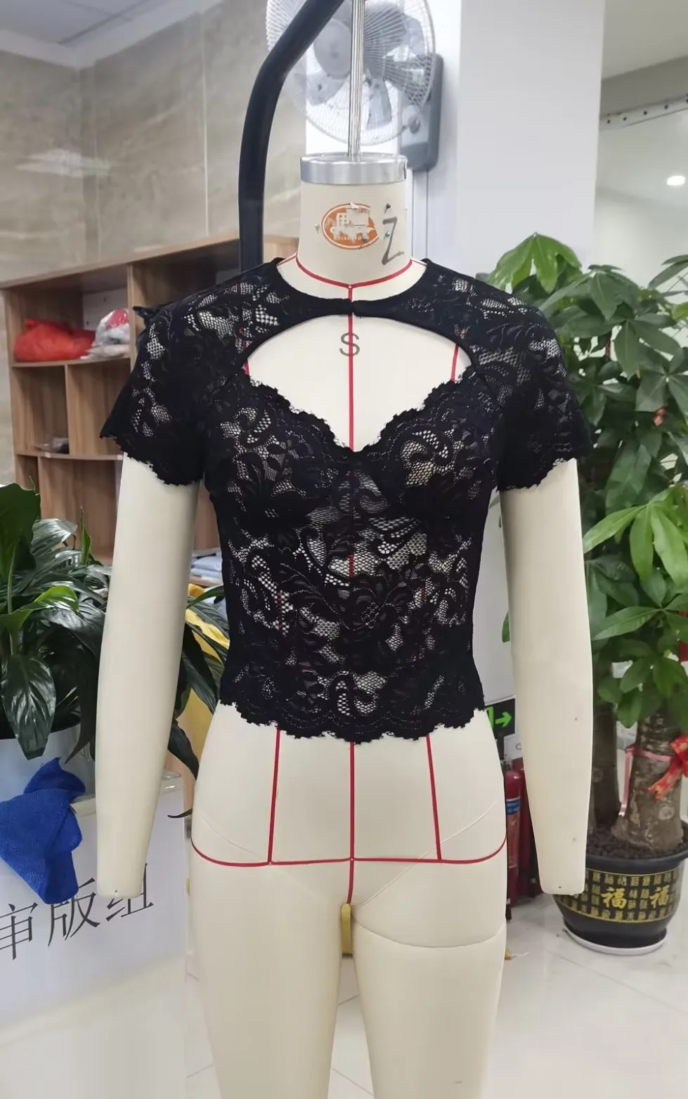 Womens Lace Tops Summer Crew Neck Short Sleeve Cutout Front Slim Fitted See Through Crop Blouse