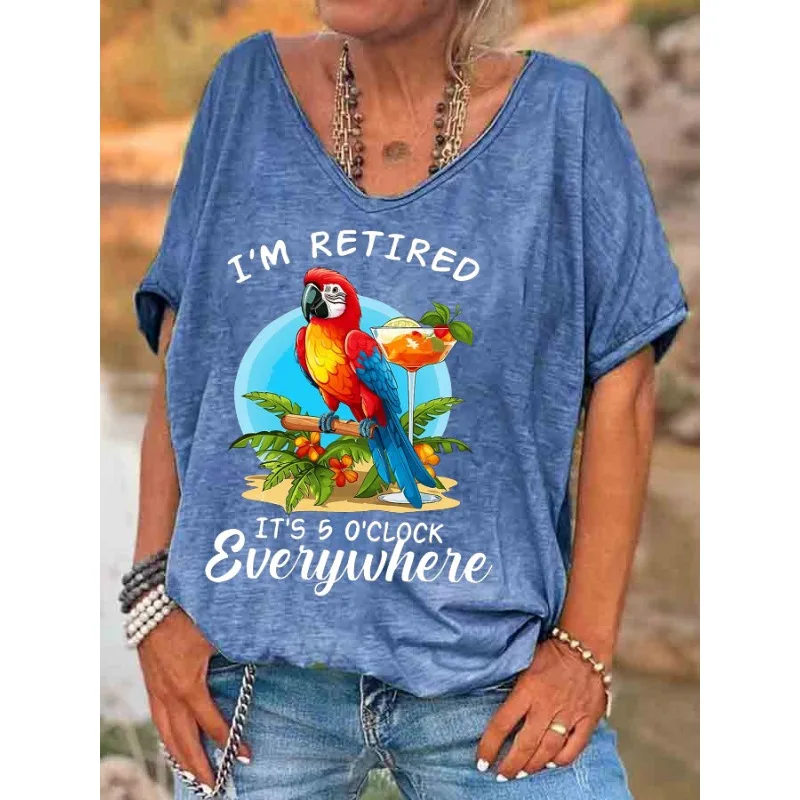 ilstile Women's Parrot Letter Print T-Shirts Summer Music Featival Short Sleeve T Shirt Casual Loose V Neck Tops Tees