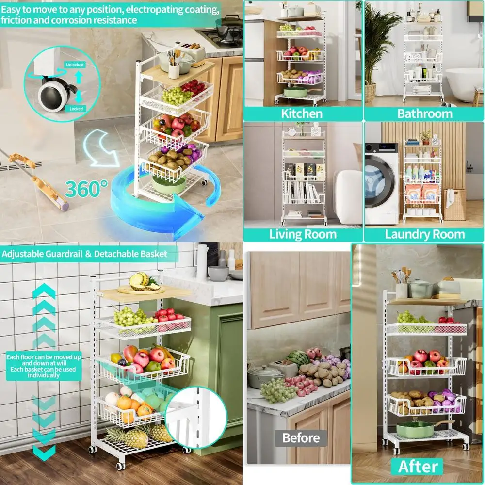 

5-Tier Adjustable Rolling Kitchen Storage Rack for Vegetables, Large Capacity Cart with Wheels for Snacks and Produce