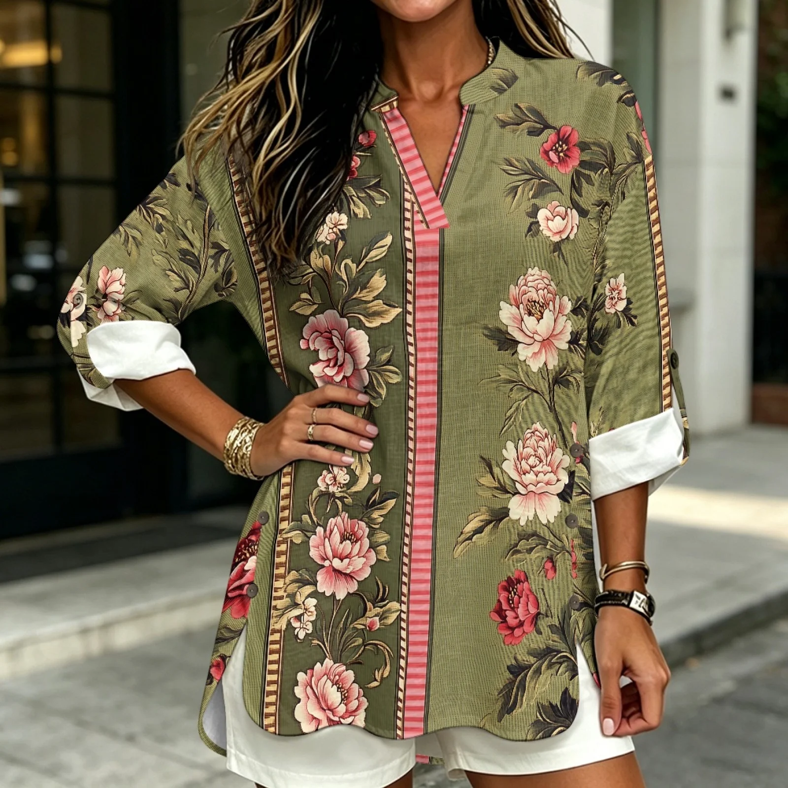 PENSTROLL Camisa Túnica Holgada de Manga Larga Estilo Lino con Estampado Floral para Mujer con Abertura Lateral
