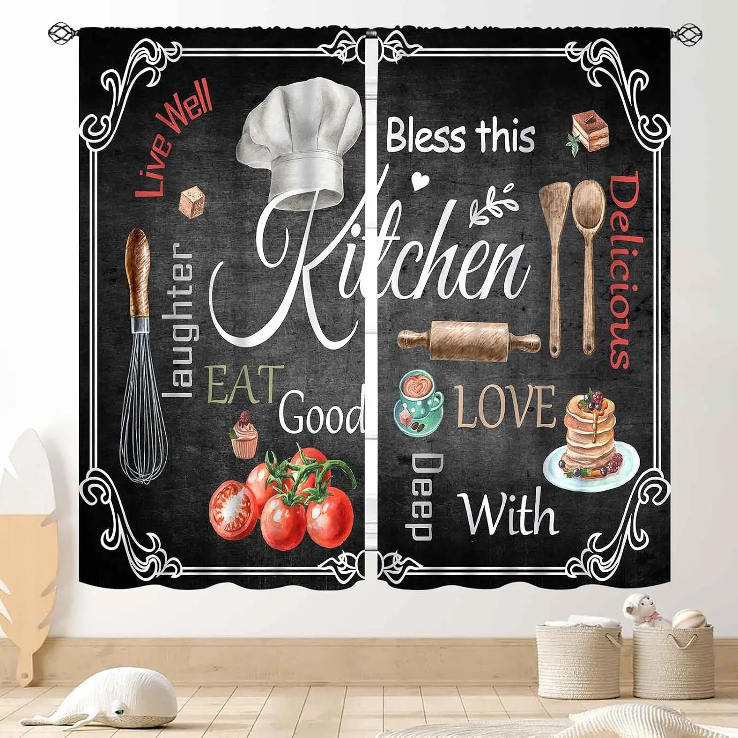 Farmhouse Cooking Utensil Curtain Panels, Chef Hat Tomato Coffee Dessert Vintage Blackboard Drapes for Kitchen Nook Decor
