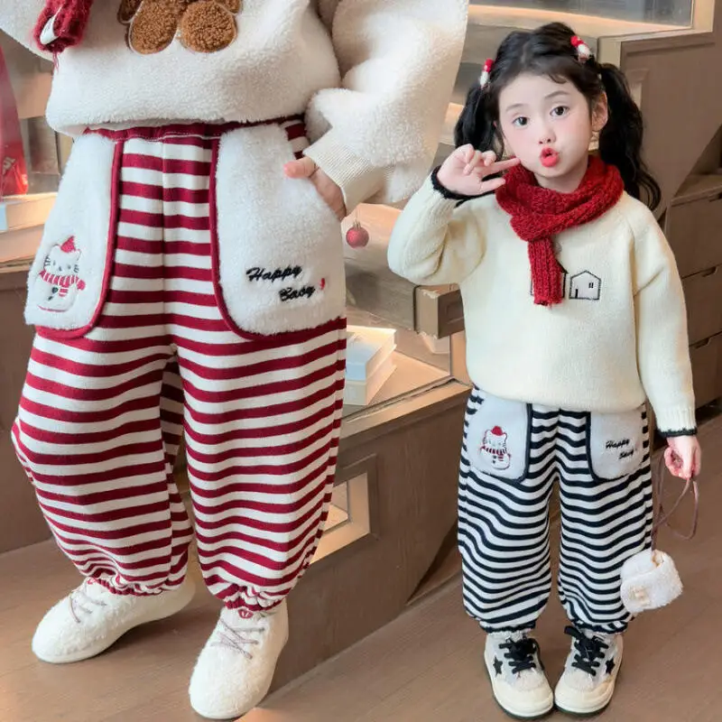 Christmas Girls' Thick Warm Pants Autumn Winter New Kawaii Anime Color Blocked Pocket Stripes Fashion Versatile Casual Pants