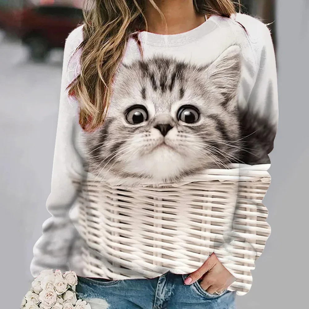 2024 Tiki new hoodie fashionable round neck long sleeved loose 3D printed cute cat y2k hoodies Women\'s sweatshirts women\'s cloth