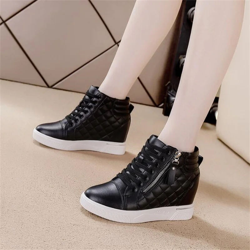 7cm Leather Microfiber Casual Platform Wedge Sneakers Women Shoes Hiden Heel Pumps Boots Women Spring Autumn White Black Shoes