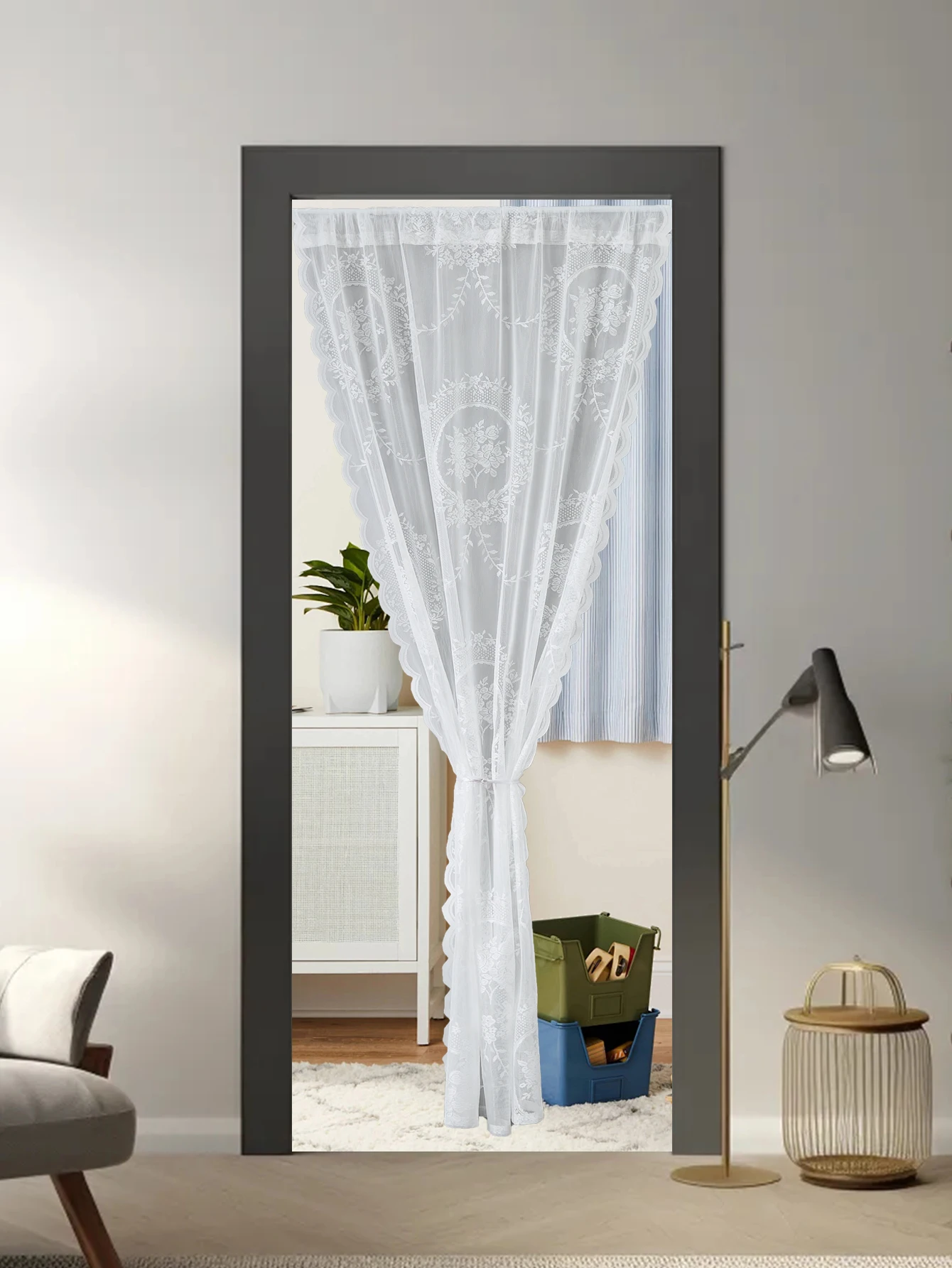 Cortina de vid de espejo redondo de encaje blanco, cortina de puerta de sala de estar