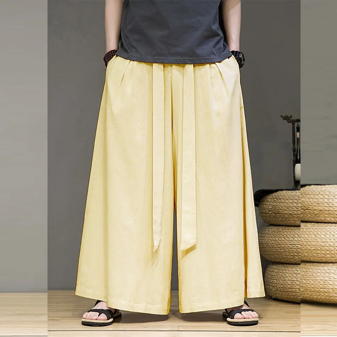 중국 스타일 남성 바지 면 린넨 봄 가을 플러스 사이즈 통기성 루즈 스트레이트 캐주얼 와이드 레그 팬츠 우슈 의류