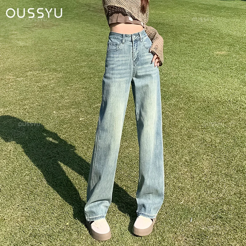 OUSSYU Jeans Women's High Waist Straight Wide Leg pants Cotton Y2K Denim Pant Streetwear Vintage Fashion Leisure Trousers