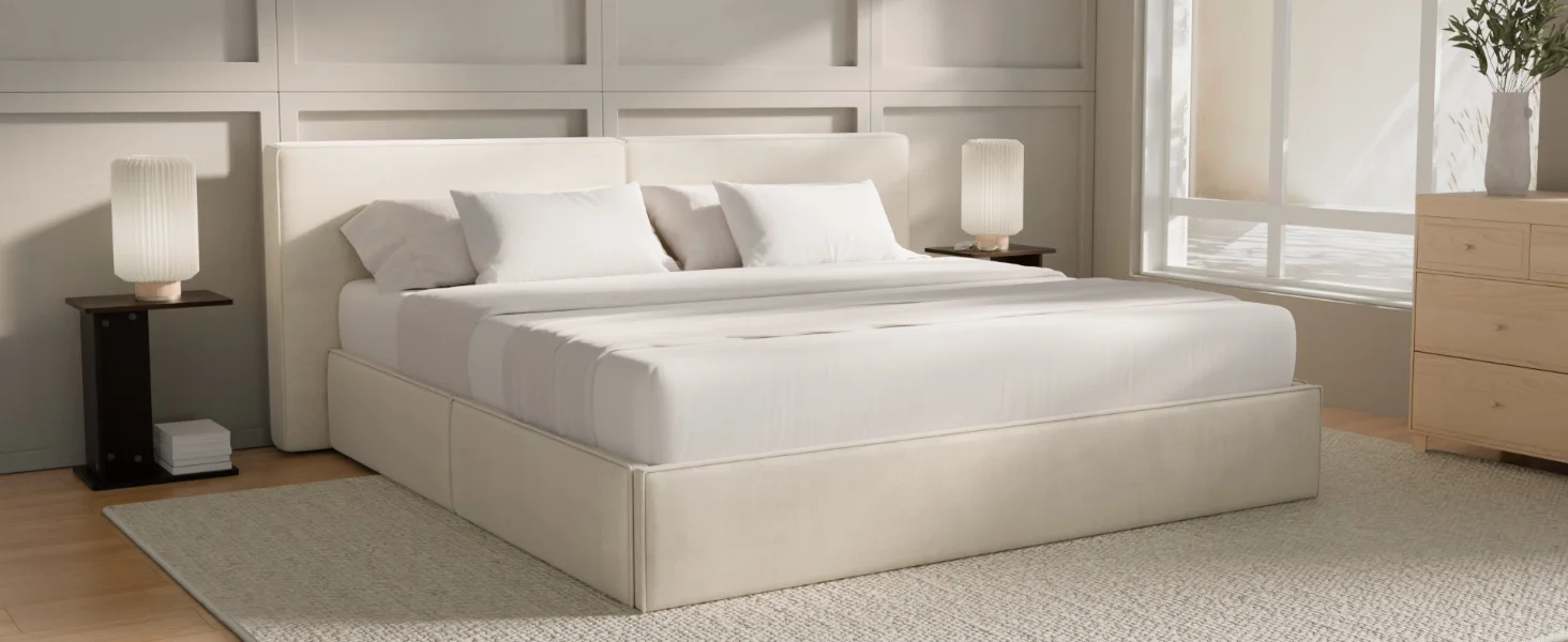 soft fabric bed frame for urban apartments, master bedrooms, attics, kids, guest and seniors
