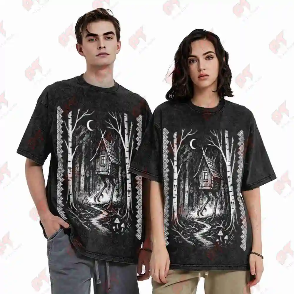 Baba Yaga Hut Slavic Folklore Occult Forest Witch Vintage Washed Tee Pure Cotton T-Shirt view 5