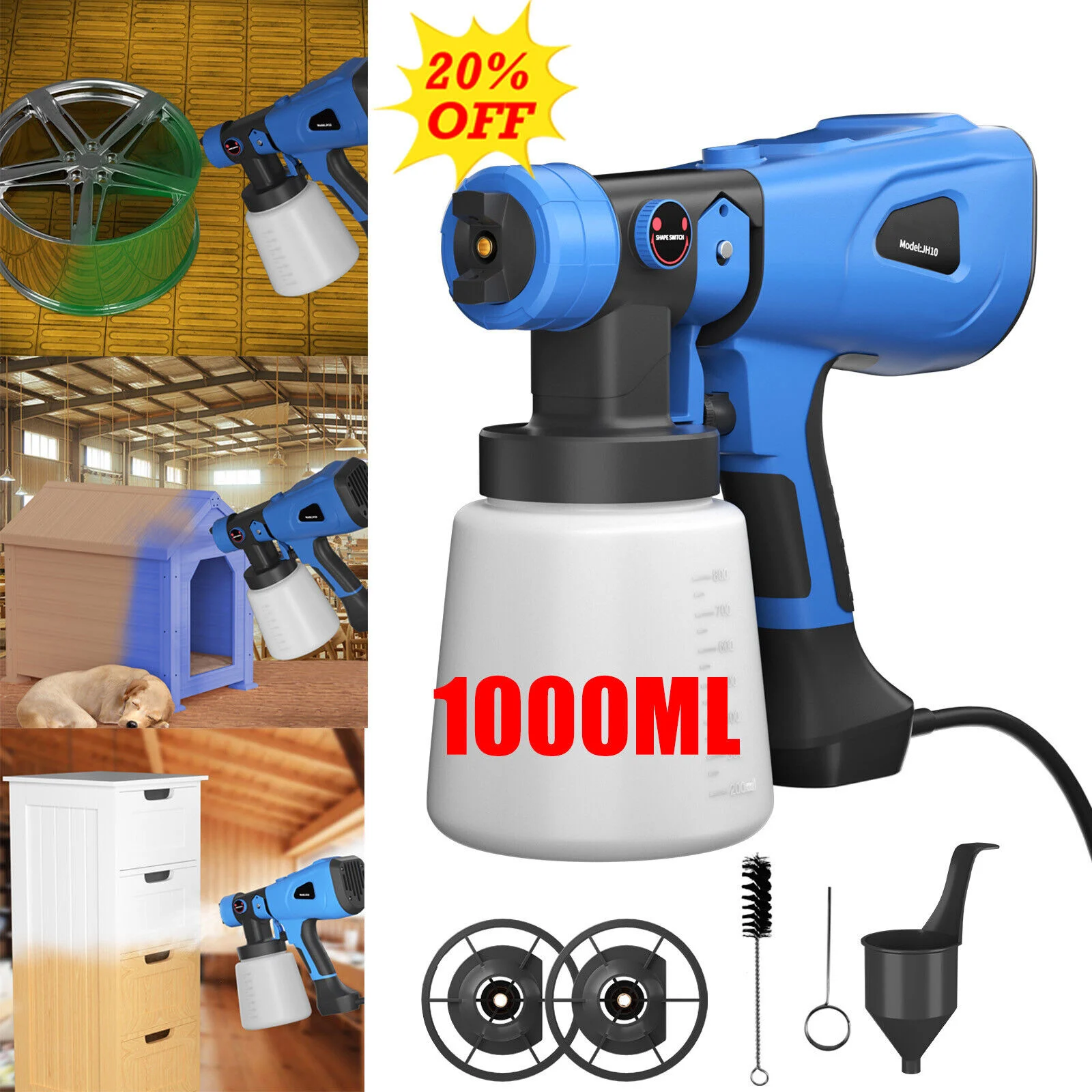 Electric Paint Sprayer for Fencing&Decking,3 Spray Patterns& 1000ml Tank,SprayGun Handheld for Home DIY Painting Cabinet Garden